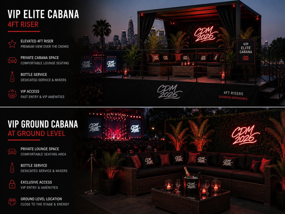 VIP Elite Cabana (4ft riser, elevated view) compared to VIP Ground Cabana (ground level, close to stage)